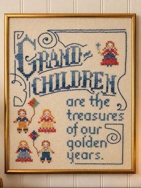 Vintage Grandchildren Cross Stitch Sampler Framed Folk Art 14x11 Gold Frame
